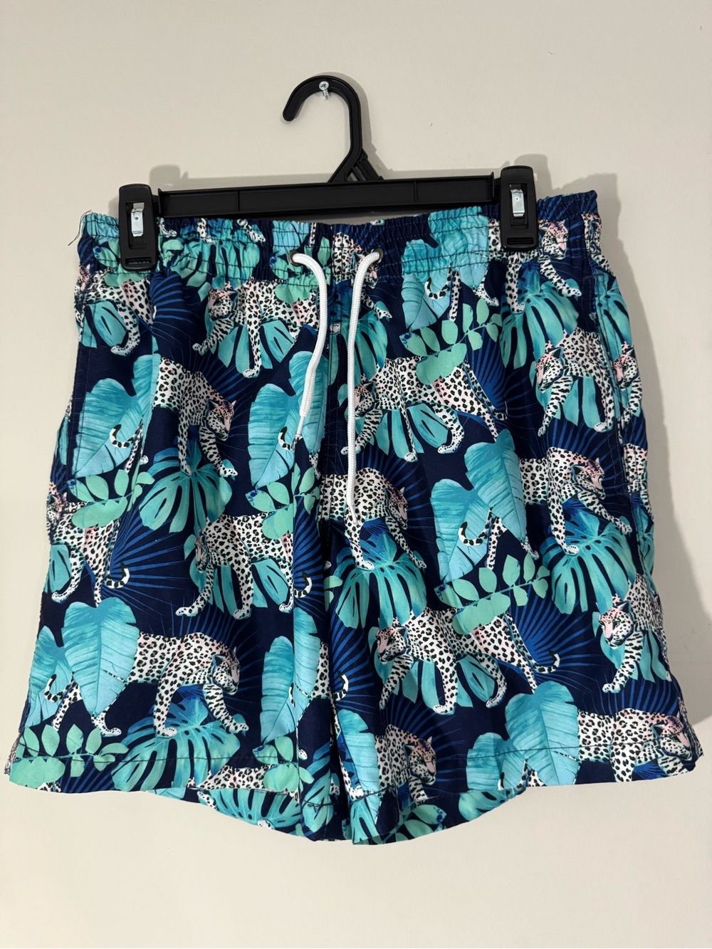 Navy Tropical Leopard Print Swim Trunks with Teal Leaf Design